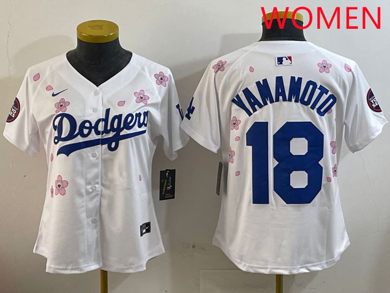 Women Los Angeles Dodgers 18 Yamamoto White Sakura Edition 2025 Nike MLB Jersey style 1